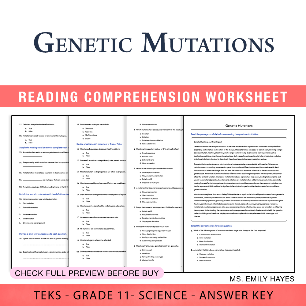 Grade 11 Science worksheet worksheet — Grade 11 Science | Genetic Mutations Worksheet (PDF+ Answer Key) — page 1