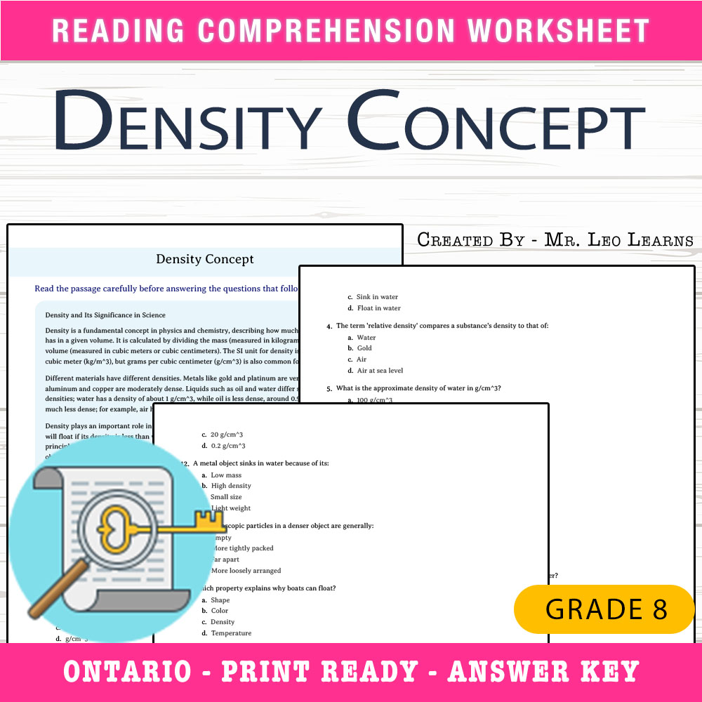 Grade 8 Science worksheet worksheet — Grade 8 Science – Density Concept Worksheet for Mastering Density — page 1