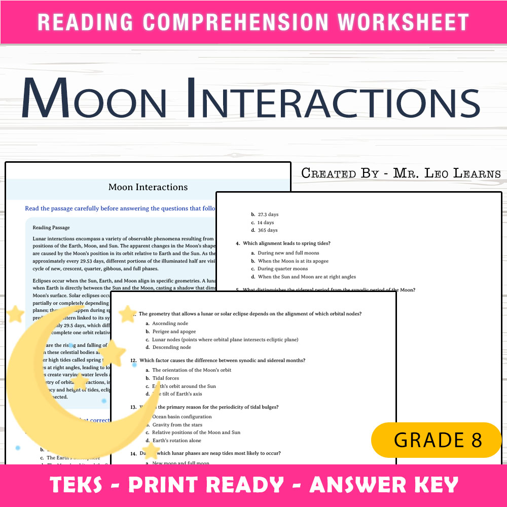 Grade 8 Science worksheet worksheet — Grade 8 Science — Moon Interactions Worksheet for Mastery — page 1
