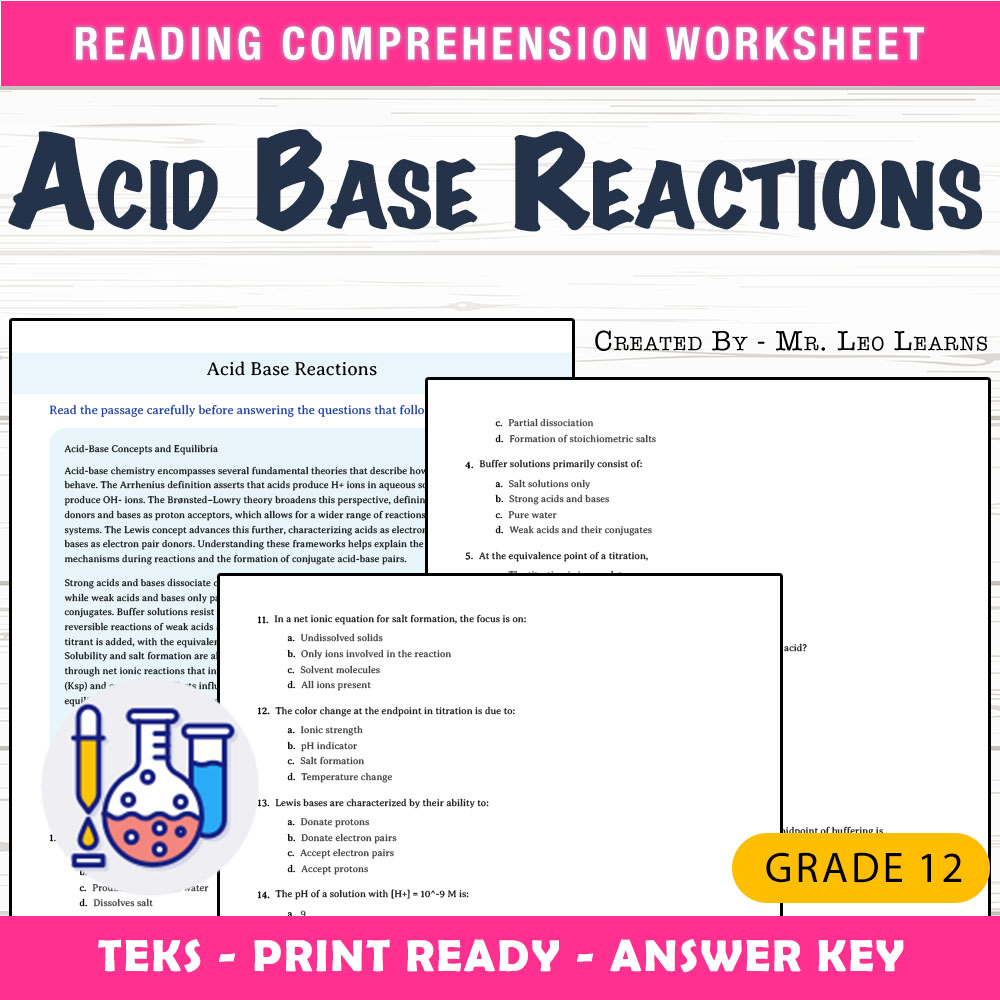 Grade 12 Science worksheet worksheet — Grade 12 Science — Acid Base Reactions Worksheet for Mastery — page 1