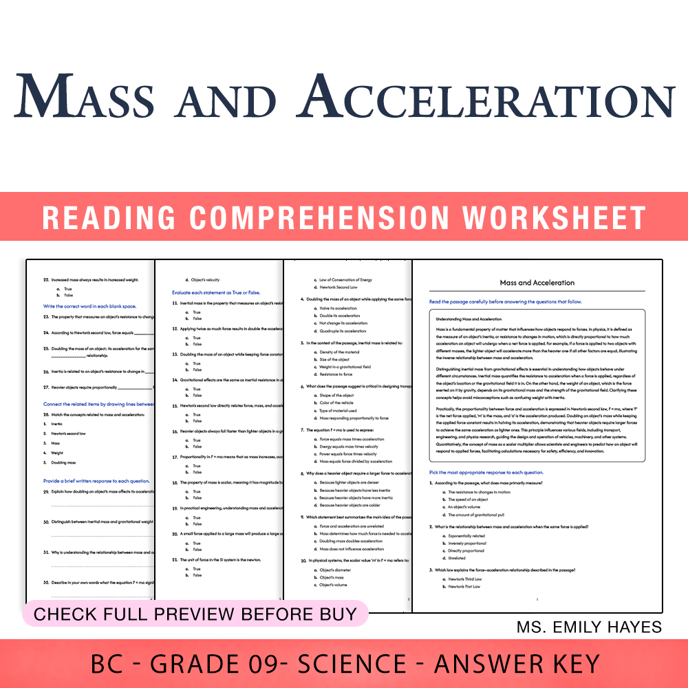 Grade 9 Science worksheet worksheet — 9th Grade Science | Mass and Acceleration Worksheet (PDF + Answer Key) — page 1