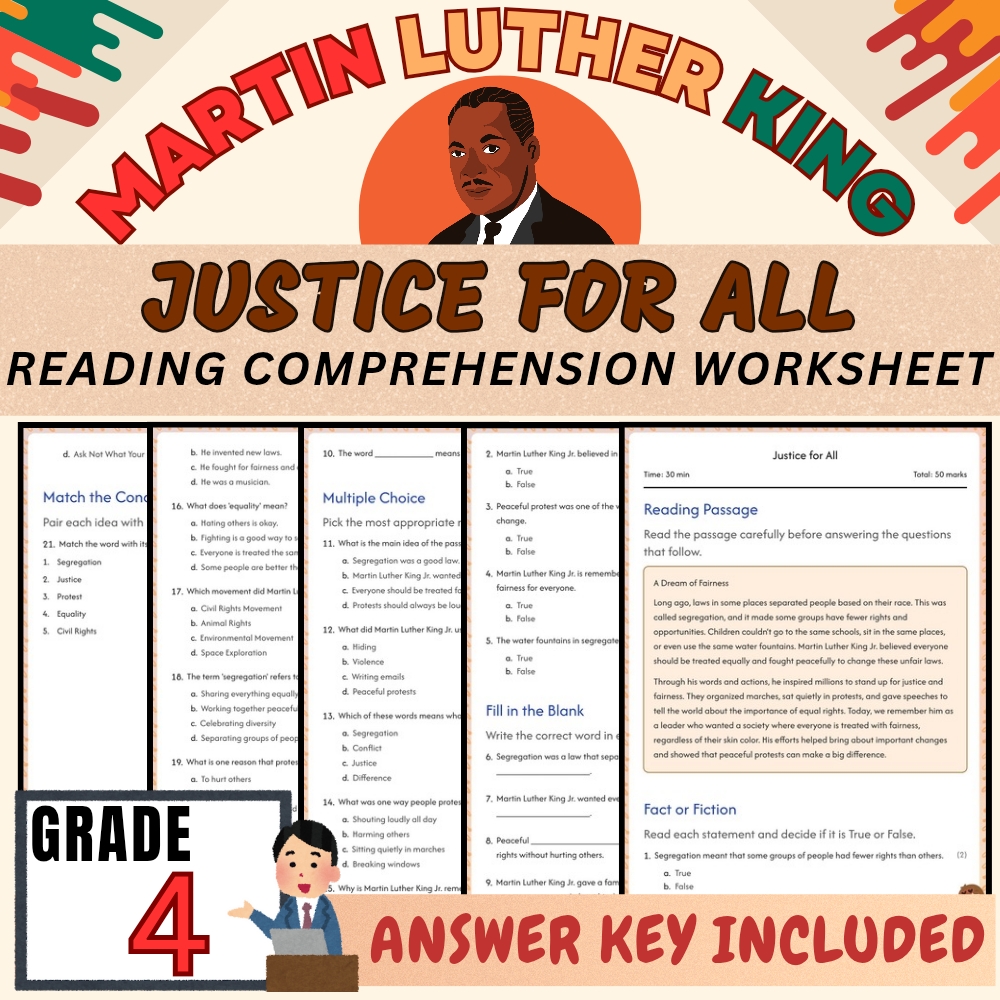 Grade 4 Social Studies |Martin Luther King Worksheet for Mastery |PDF+Answer Key