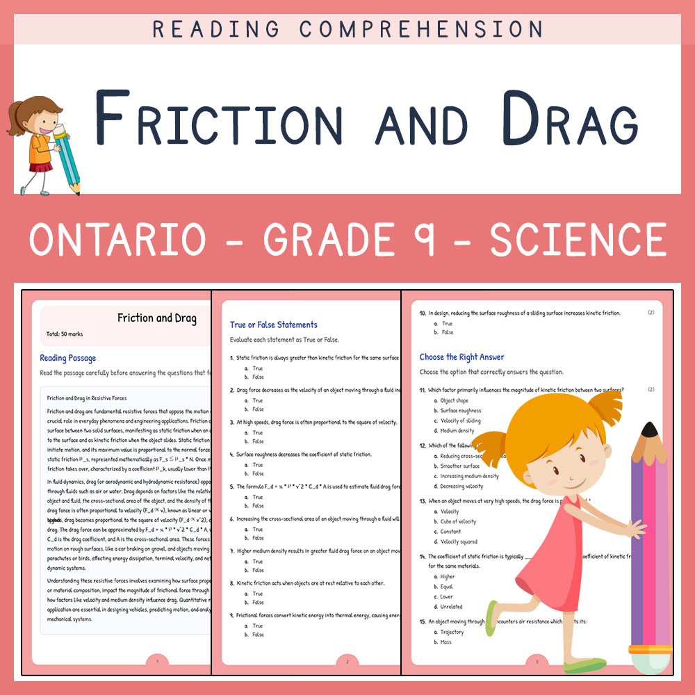 Grade 9 Science worksheet elena worksheet — Grade 9 Science | Friction and Drag Worksheet Elena | Ontario Standard — page 1