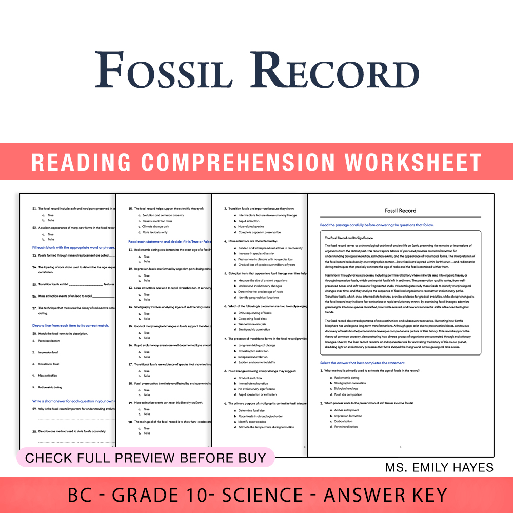 Grade 10 Science worksheet worksheet — 10th Grade Science | Fossil Record Worksheet (PDF+ Answer Key) — page 1