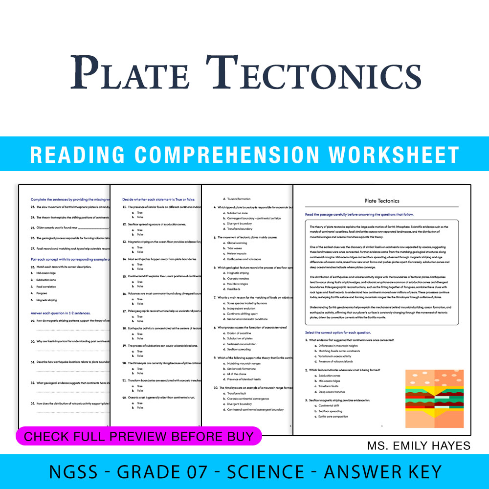 Grade 7 Science worksheet worksheet — 7th Grade Science | Plate Tectonics Worksheet (PDF+ Answer Key) — page 1