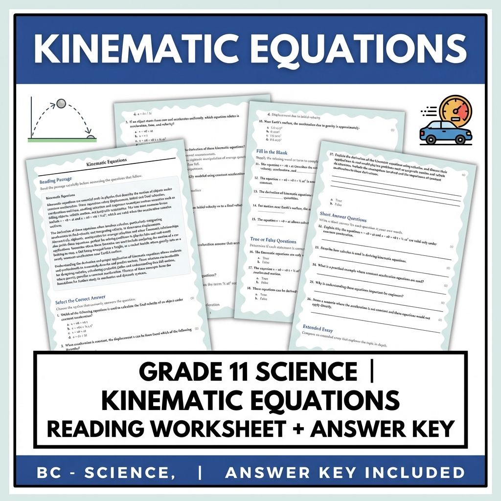 Grade 11 Science | Kinematic Equations Reading Worksheet + Answer Key