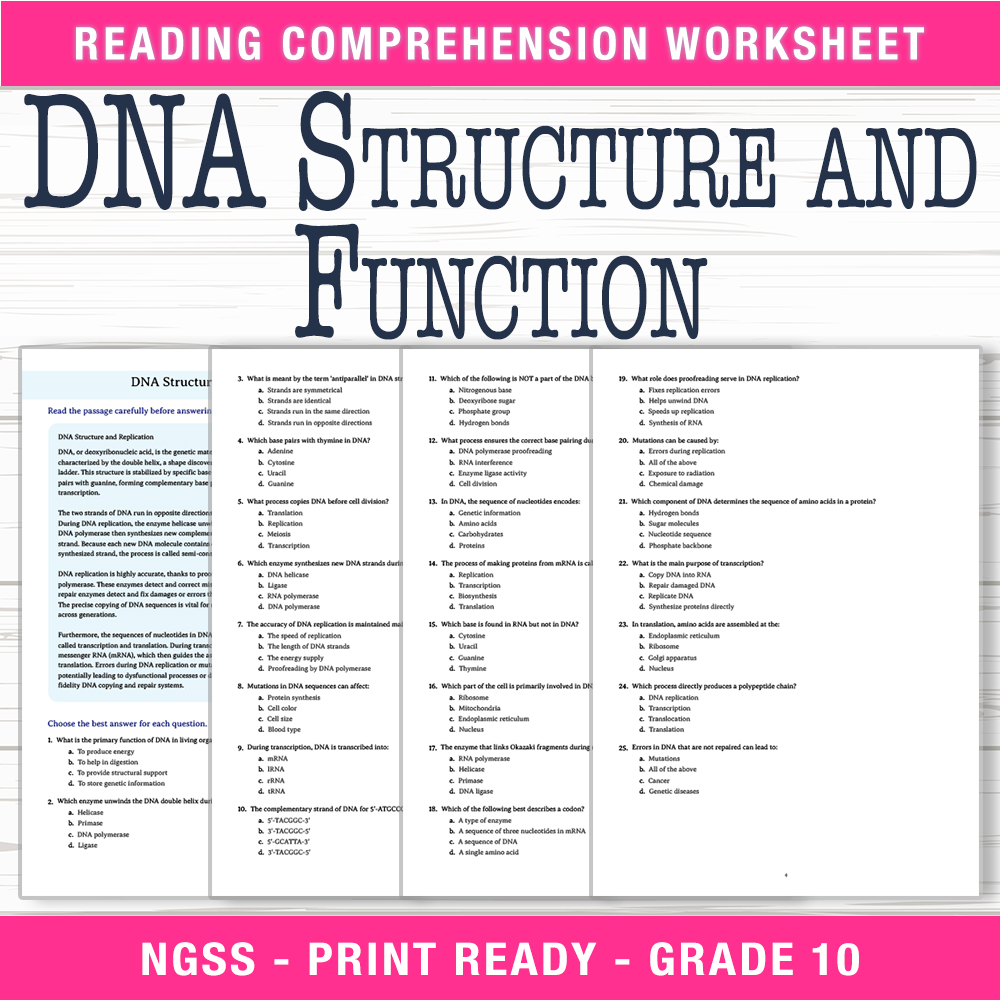 Grade 10 Science worksheet worksheet — Grade 10 Science – DNA Structure & Function Worksheet (PDF + Answer Key) — page 1