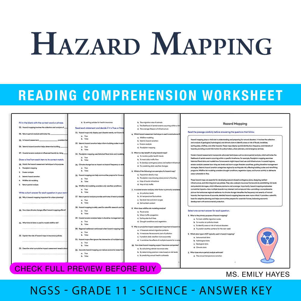 Grade 11 Science worksheet worksheet — 11th Grade Science | Hazard Mapping Worksheet (PDF+ Answer Key) — page 1