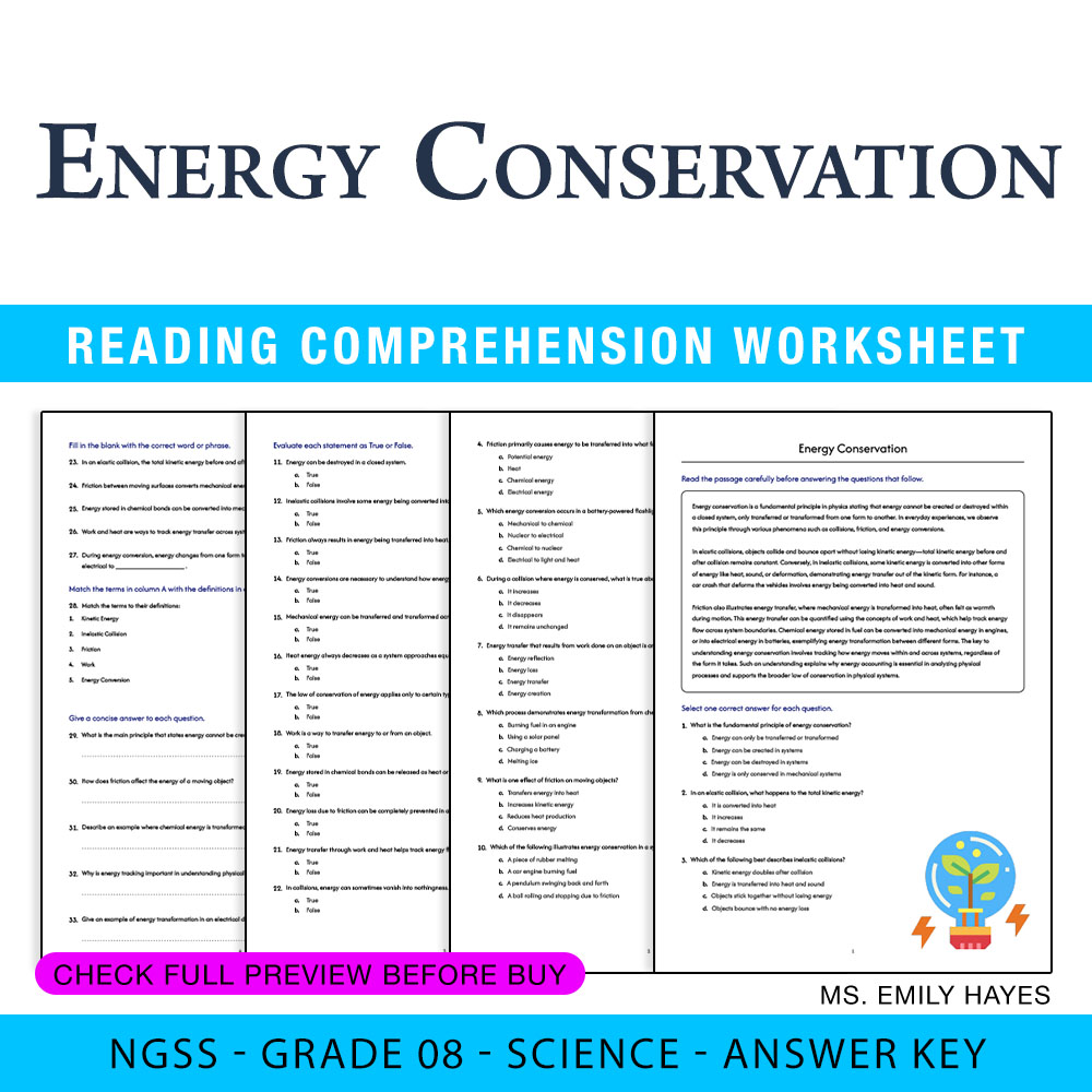 Grade 8 Science worksheet worksheet — 8th Grade Science | Energy Conservation Worksheet (PDF+ Answer Key) — page 1