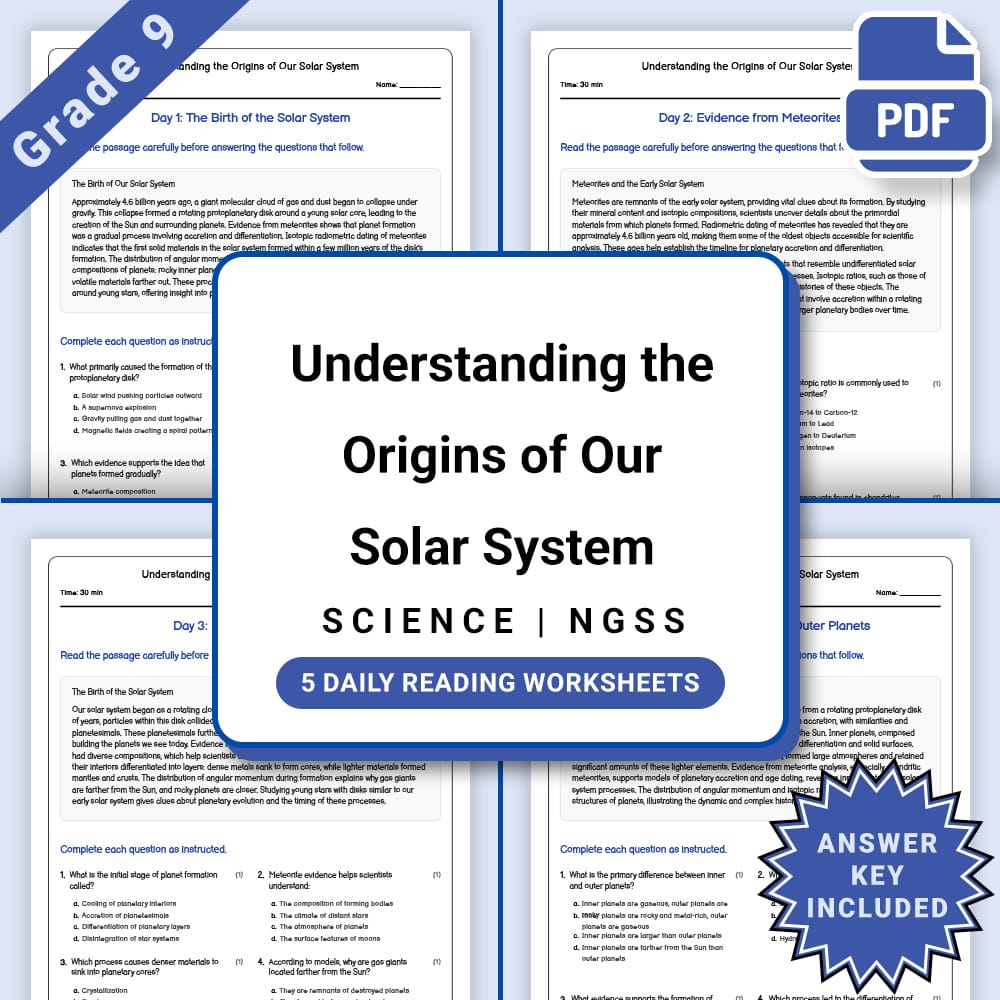 Grade 9 Science daily reading worksheet worksheet — Grade 9 Science – Origins of the Solar System Worksheet(PDF + Answer K…