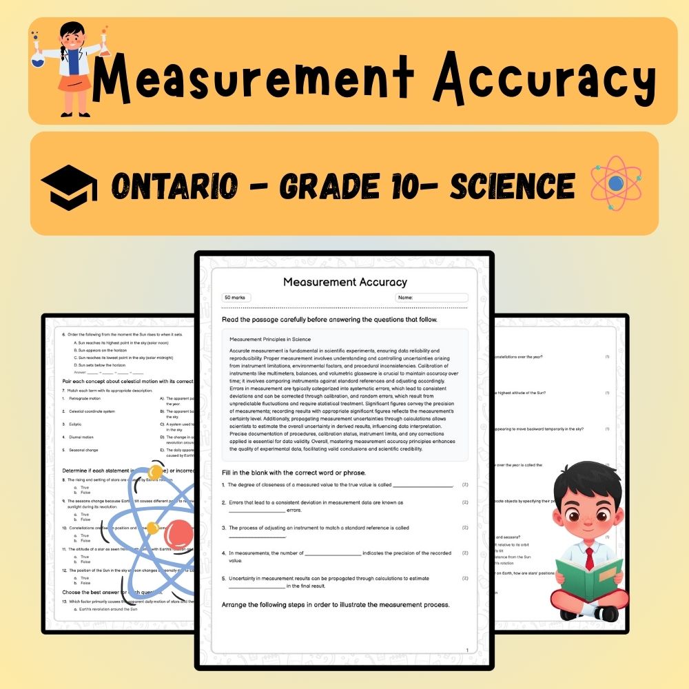 Grade 10 Science worksheet worksheet — Grade 10 Science | Measurement Accuracy Worksheet (PDF) for Ontario Standards — page 1