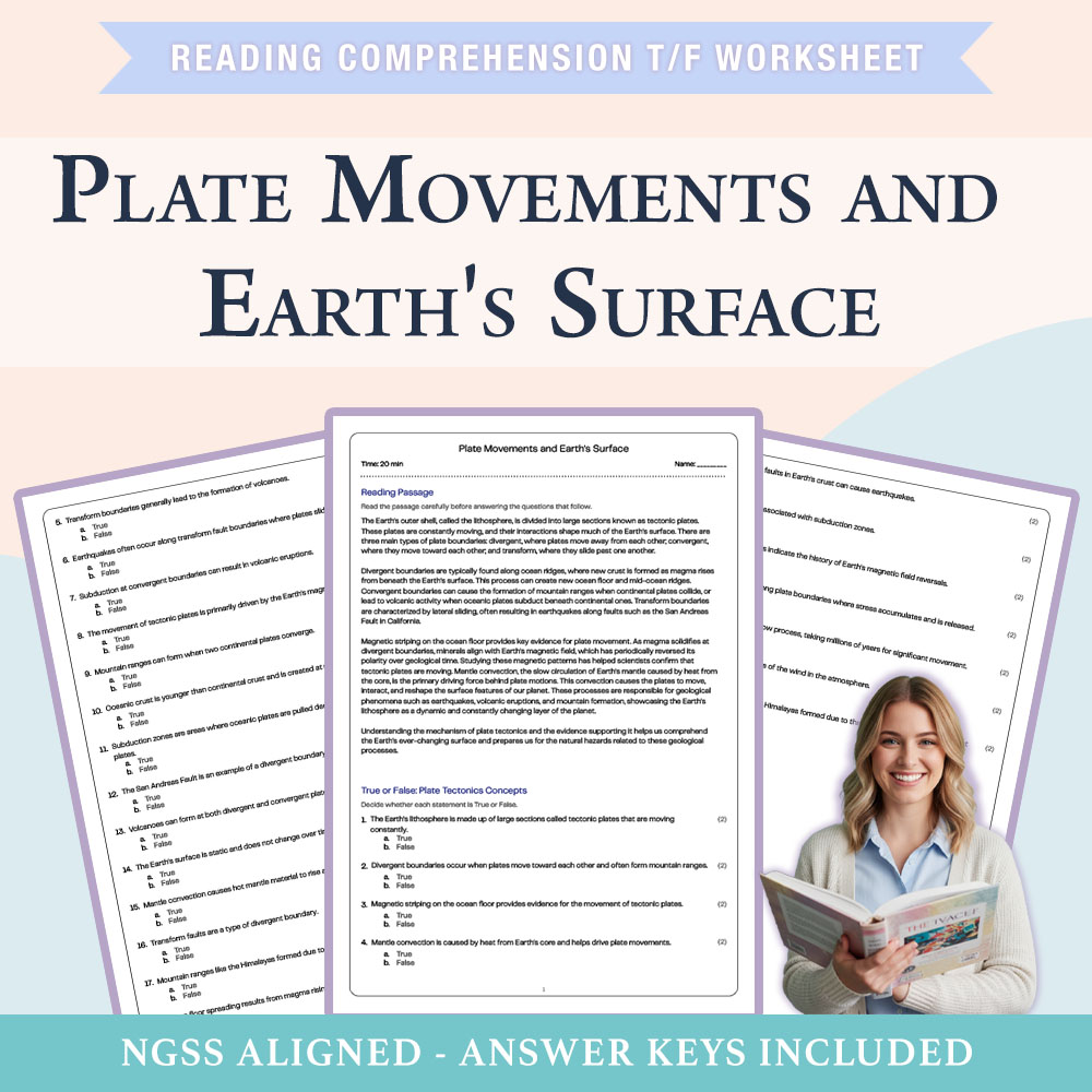 Science reading comprehensions true or false worksheet worksheet — 6th Grade Science |Plate Movements & Earth's Surface Wo…