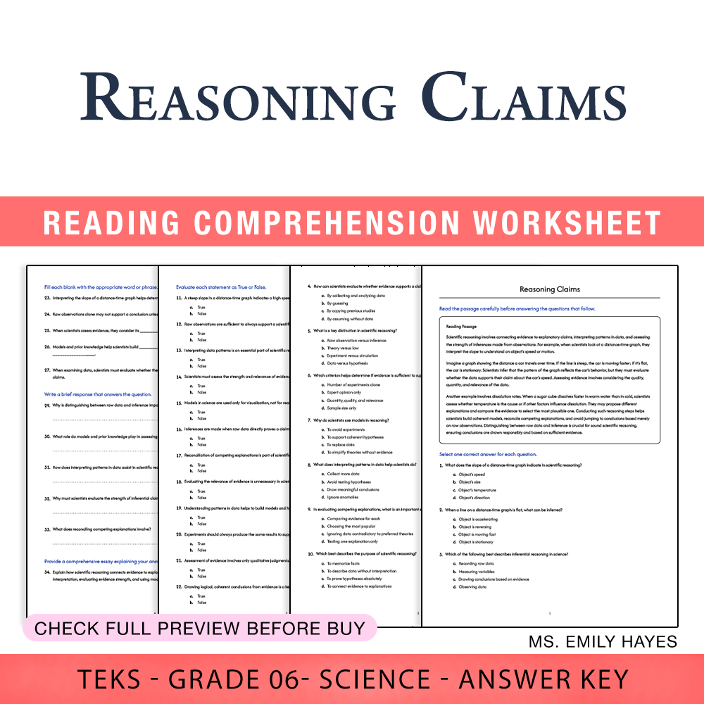 Grade 6 Science worksheet worksheet — 6th Grade Science | Reasoning Claims Worksheet (PDF+ Answer Key) — page 1