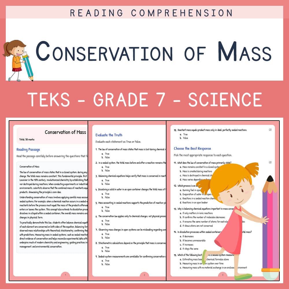 Grade 7 Science worksheet elena worksheet — Grade 7 Science | Conservation of Mass Worksheet | TEKS-Aligned — page 1