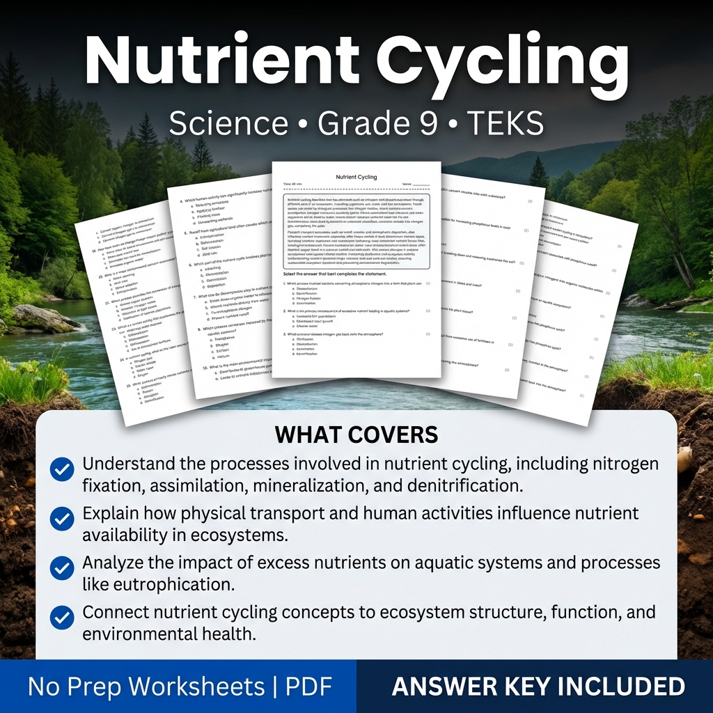 Nutrient Cycling Worksheet for Grade 9 Science | TEKS Aligned