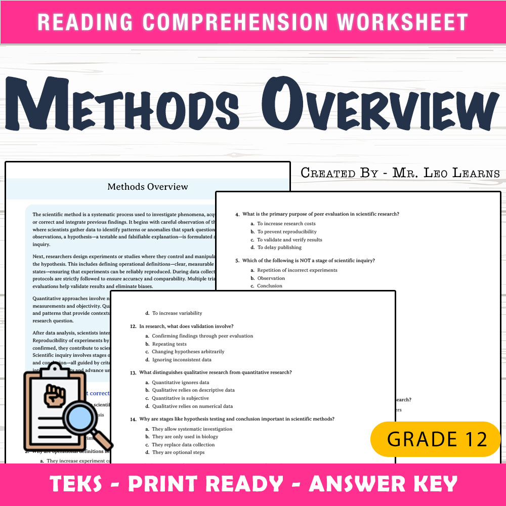 Grade 12 Science worksheet mcq paper worksheet — Grade 12 Science — Methods Overview MCQ Worksheet for Mastering Scientifi…