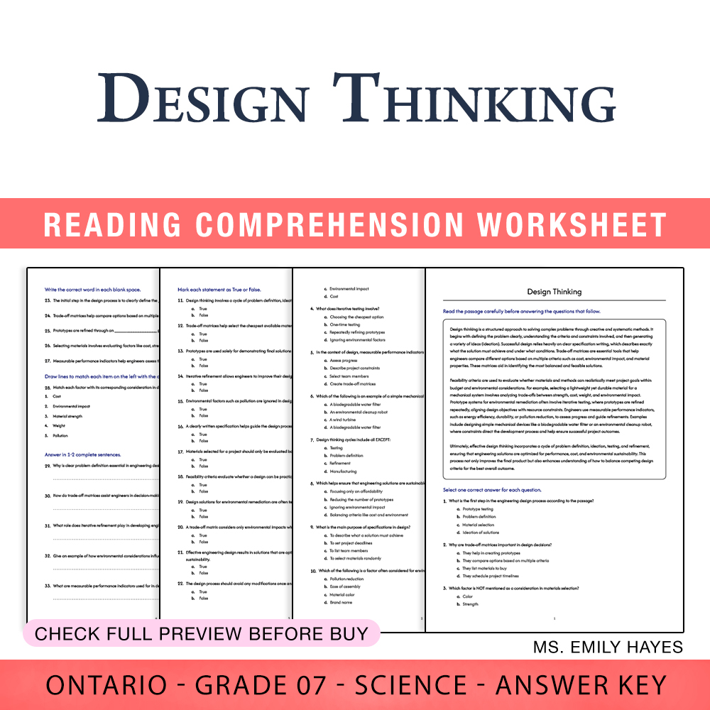 Grade 7 Science worksheet worksheet — 7th Grade Science | Design Thinking Worksheet (PDF+ Answer Key) — page 1