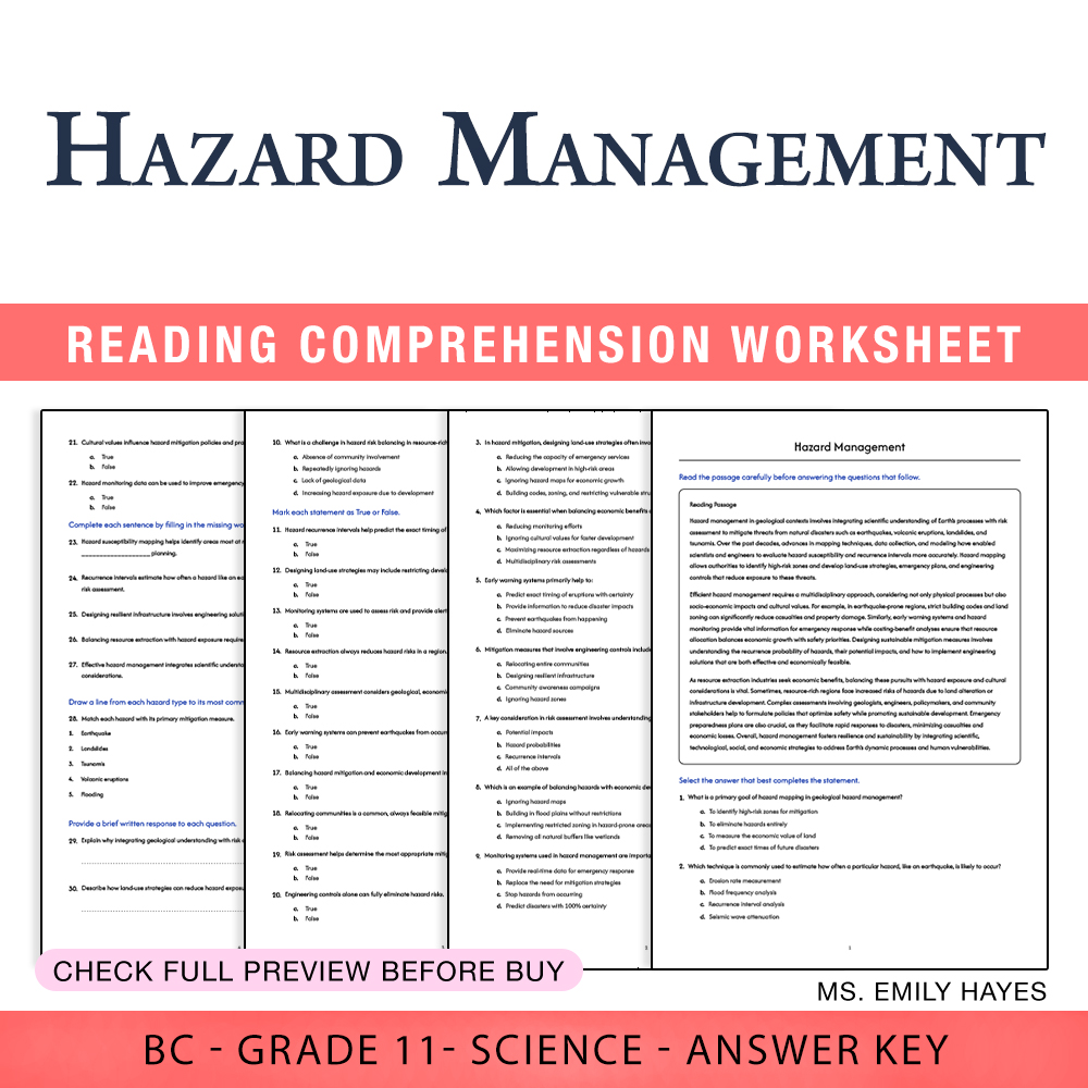 Grade 11 Science worksheet worksheet — Grade 11 Science | Hazard Management Worksheet (PDF + Answer Key) — page 1