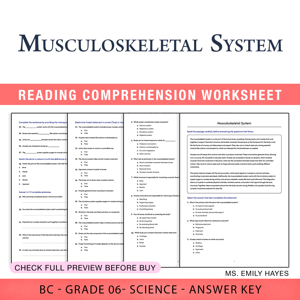 Grade 6 Science worksheet worksheet — 6th Grade Science | Musculoskeletal System Worksheet (PDF + Answer Key) — page 1