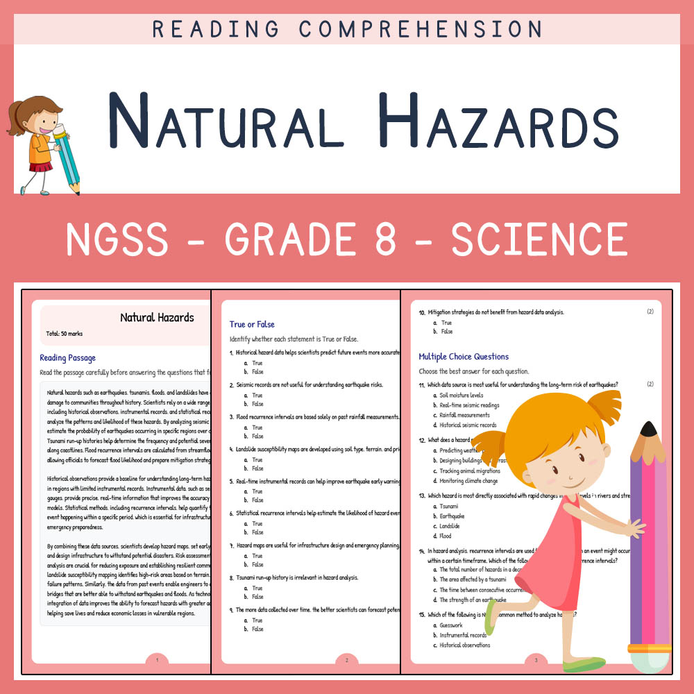Grade 8 Science worksheet worksheet — Grade 8 Science | Natural Hazards Worksheet (Answer Key) | NGSS Standards — page 1