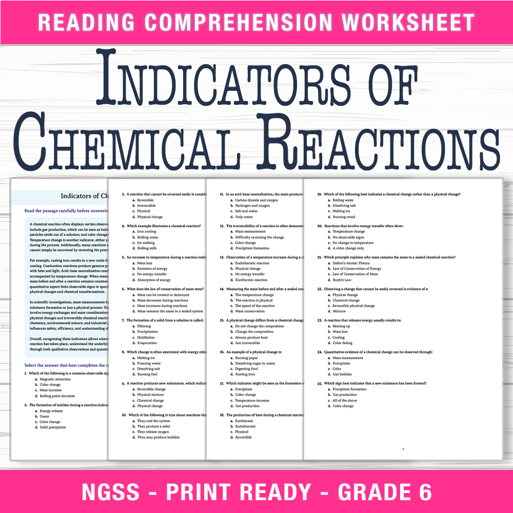 Grade 7 Science | Indicators of Chemical Reactions Worksheet (PDF + Answer Key)