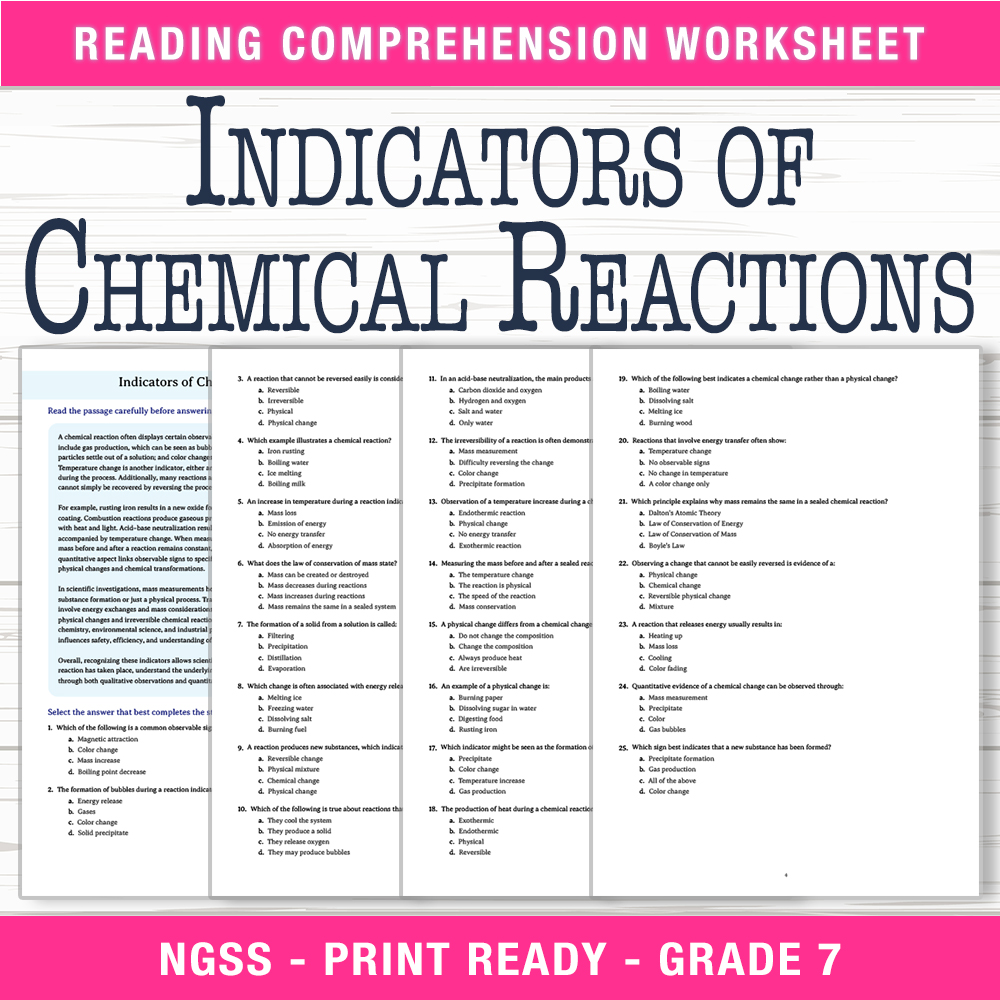 Grade 7 Science worksheet worksheet — Grade 7 Science | Indicators of Chemical Reactions Worksheet (PDF + Answer Key) — pa…
