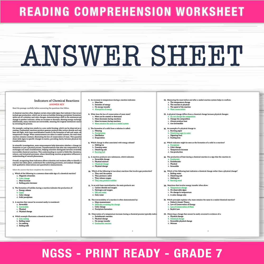 Grade 7 Science worksheet worksheet — Grade 7 Science | Indicators of Chemical Reactions Worksheet (PDF + Answer Key) — pa…