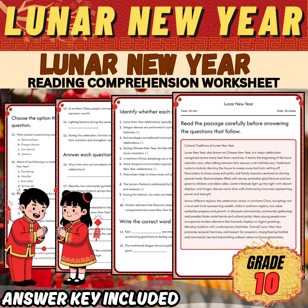 Grade 10 Holiday |Lunar New Year Cultural & Artistic Celebrations Worksheet Pack — included worksheet 4