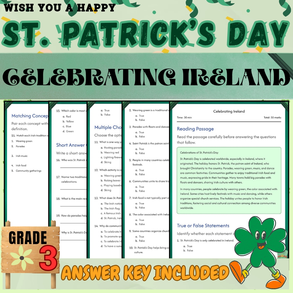 Grade 3 Seasonal Unit| St. Patrick's Day Worksheets & Activities(PDF+Answer Key) — included worksheet 5