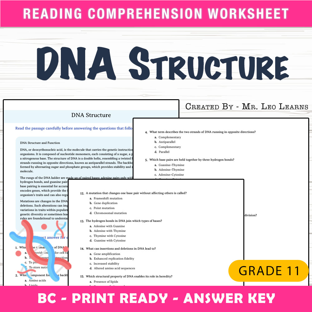 Grade 11 Science worksheet mcq paper worksheet — Grade 11 Science — Worksheet MCQ Paper for Mastering DNA Structure — page 1