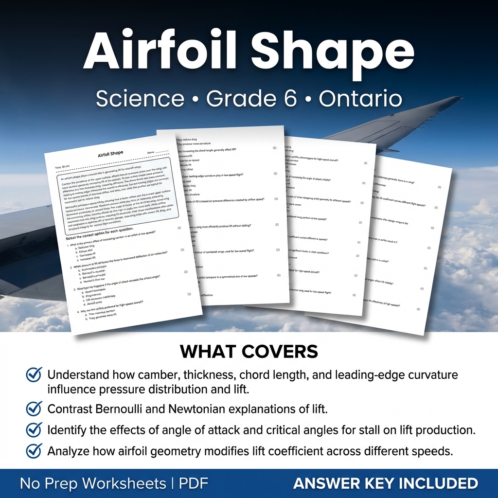 Grade 6 Science Worksheet on Airfoil Shape – Ontario Standards