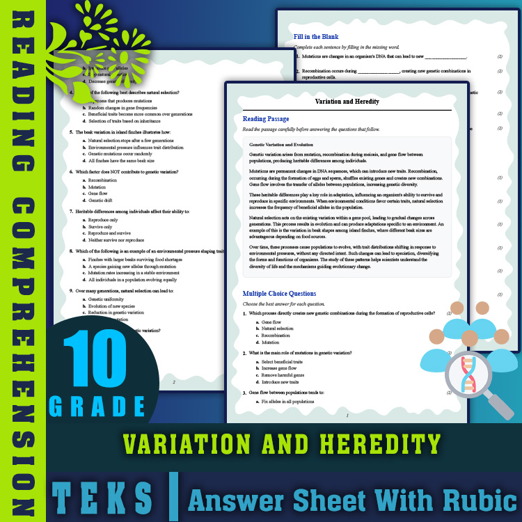Grade 10 Science reading worksheets worksheet — 10th Grade Science | Variation and Heredity Reading Worksheet (PDF + Rubri…