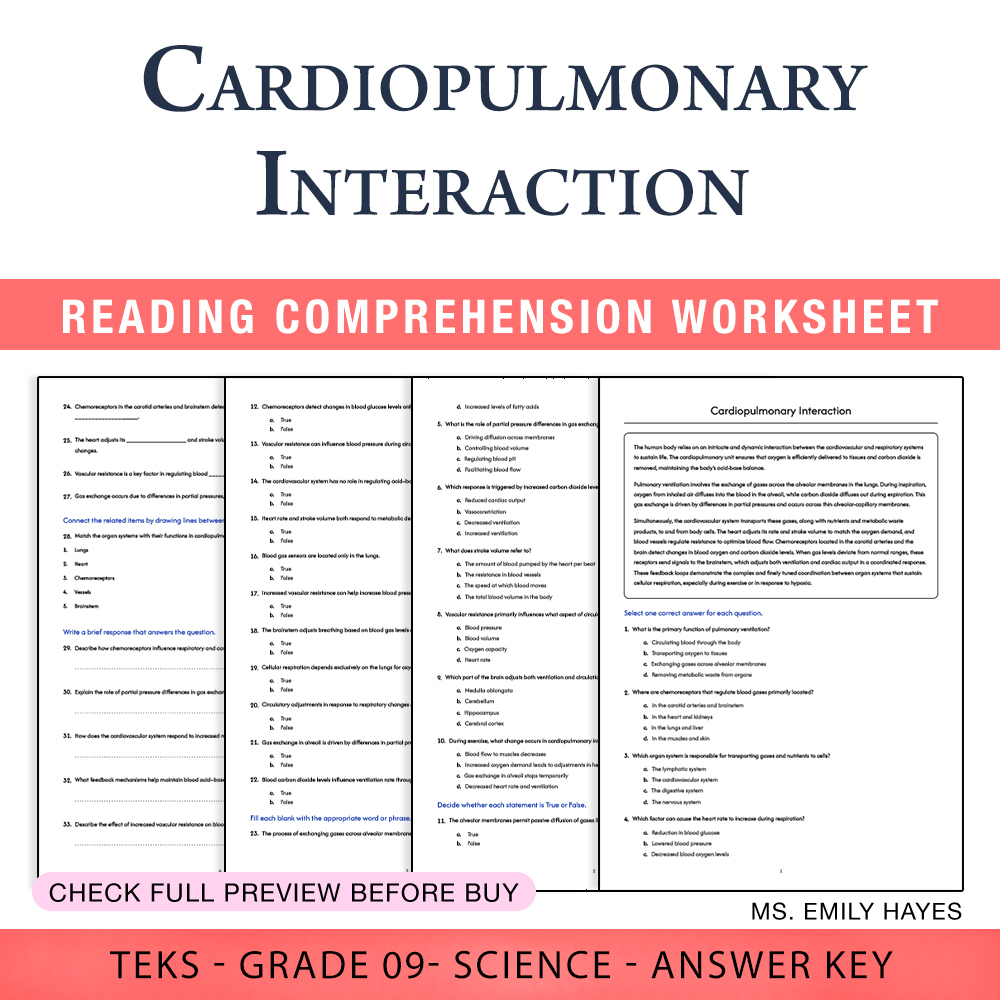 Grade 9 Science worksheet worksheet — Grade 9 Science | Cardiopulmonary Interaction Worksheet (PDF+ Answer Key) — page 1