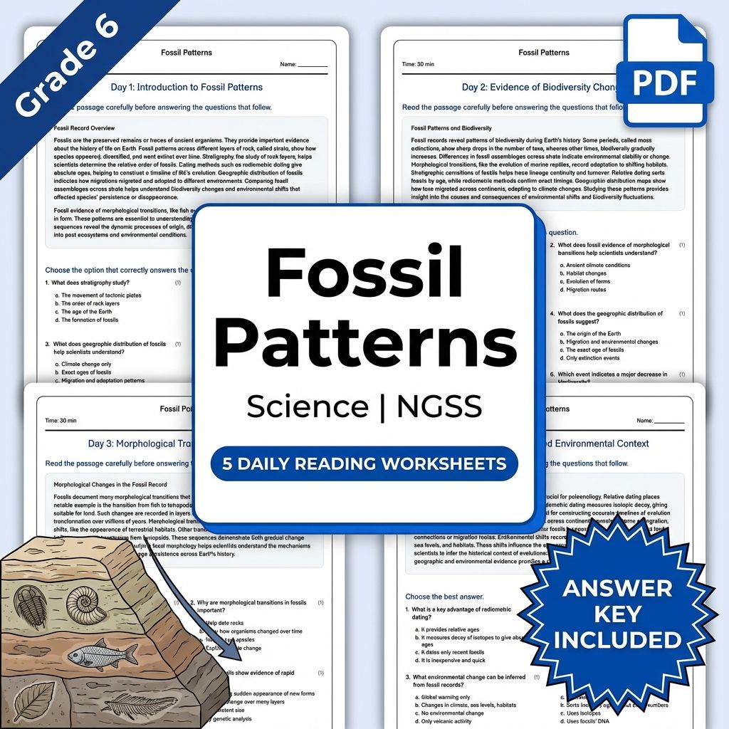 6th Grade Science | Fossil Patterns Reading Worksheet (PDF+ Answer Key)