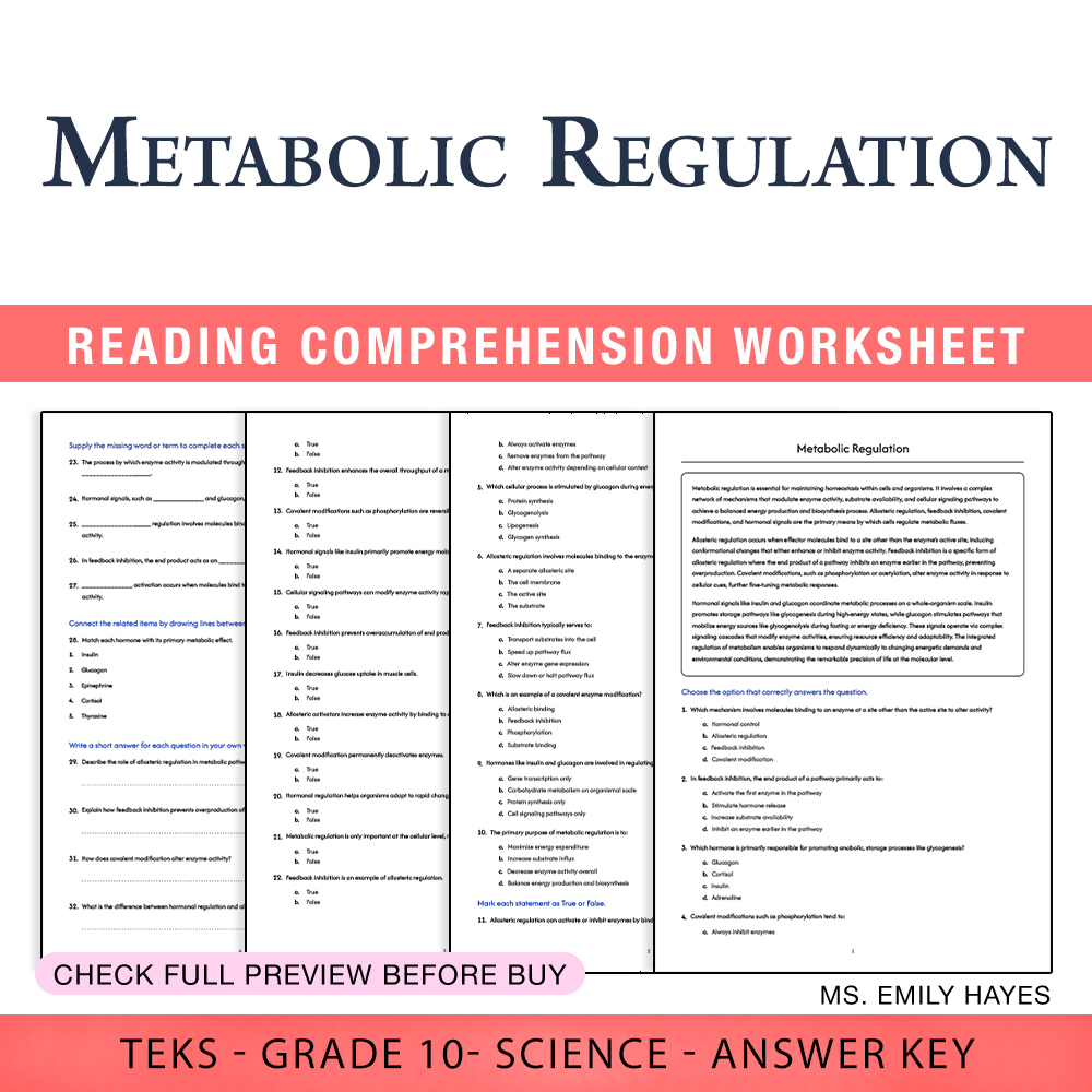 Grade 10 Science worksheet worksheet — 10th Grade Science | Metabolic Regulation Worksheet (PDF+ Answer Key) — page 1