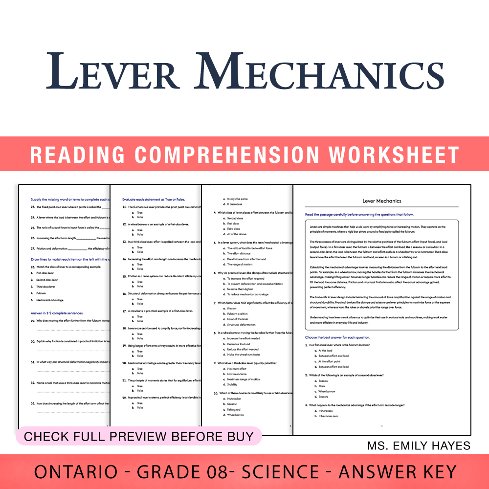 Grade 8 Science worksheet worksheet — Grade 8 Science | Lever Mechanics Worksheet (PDF+ Answer Key) — page 1
