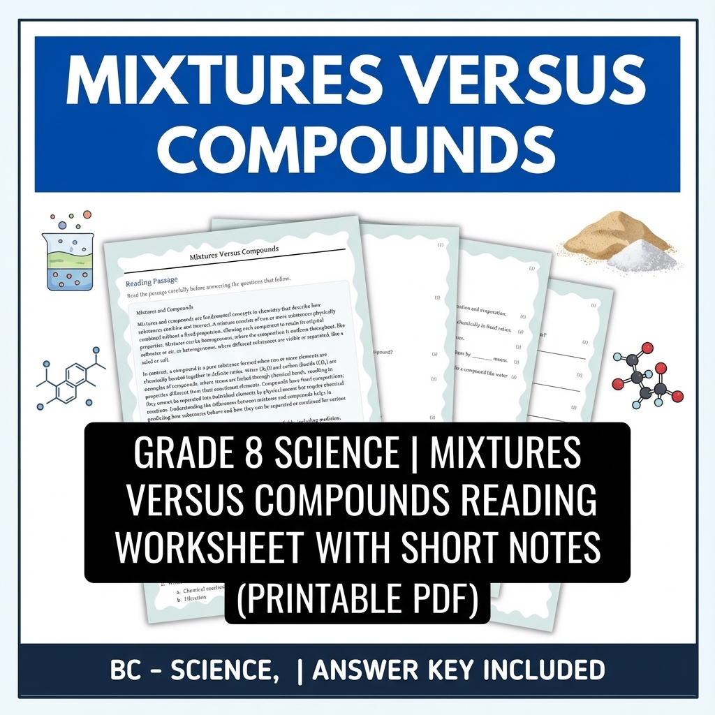 Grade 8 Science | Mixtures Versus Compounds Reading Worksheet & Answer Key