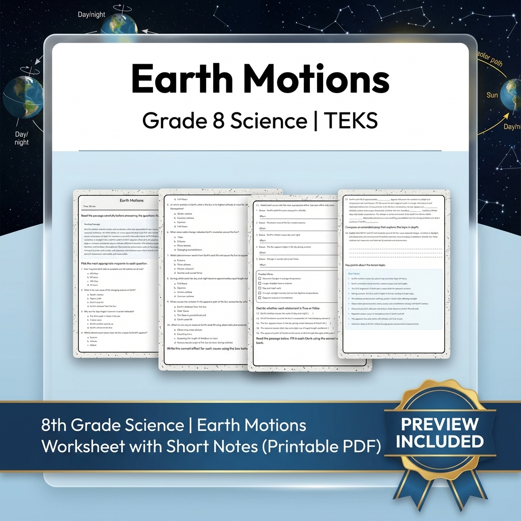 8th Grade Science | Earth Motions Worksheet with Short Notes (Printable PDF)