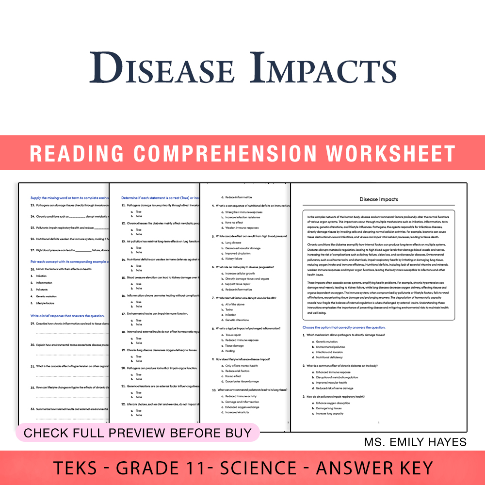 Grade 11 Science worksheet worksheet — Grade 11 Science | Disease Impacts Worksheet (PDF+ Answer Key) — page 1