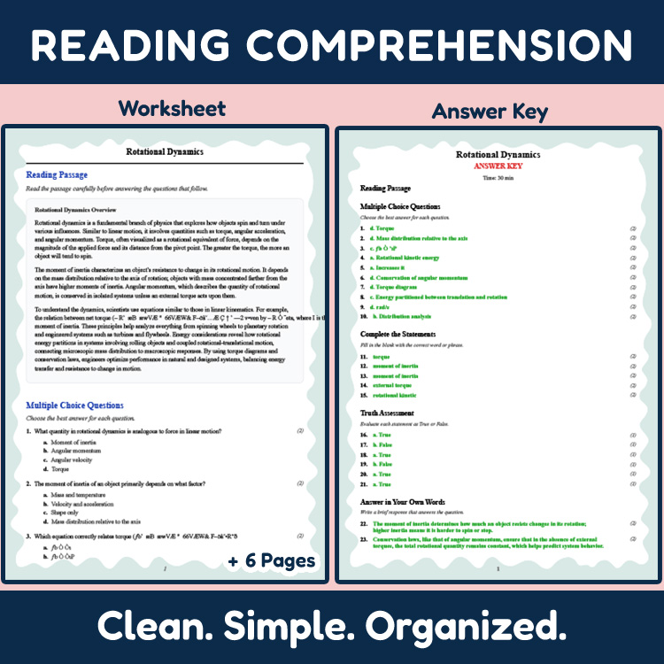 Grade 12 Science reading worksheets worksheet — Grade 12 Science | Rotational Dynamics Reading Worksheet & Answer Key (PDF…