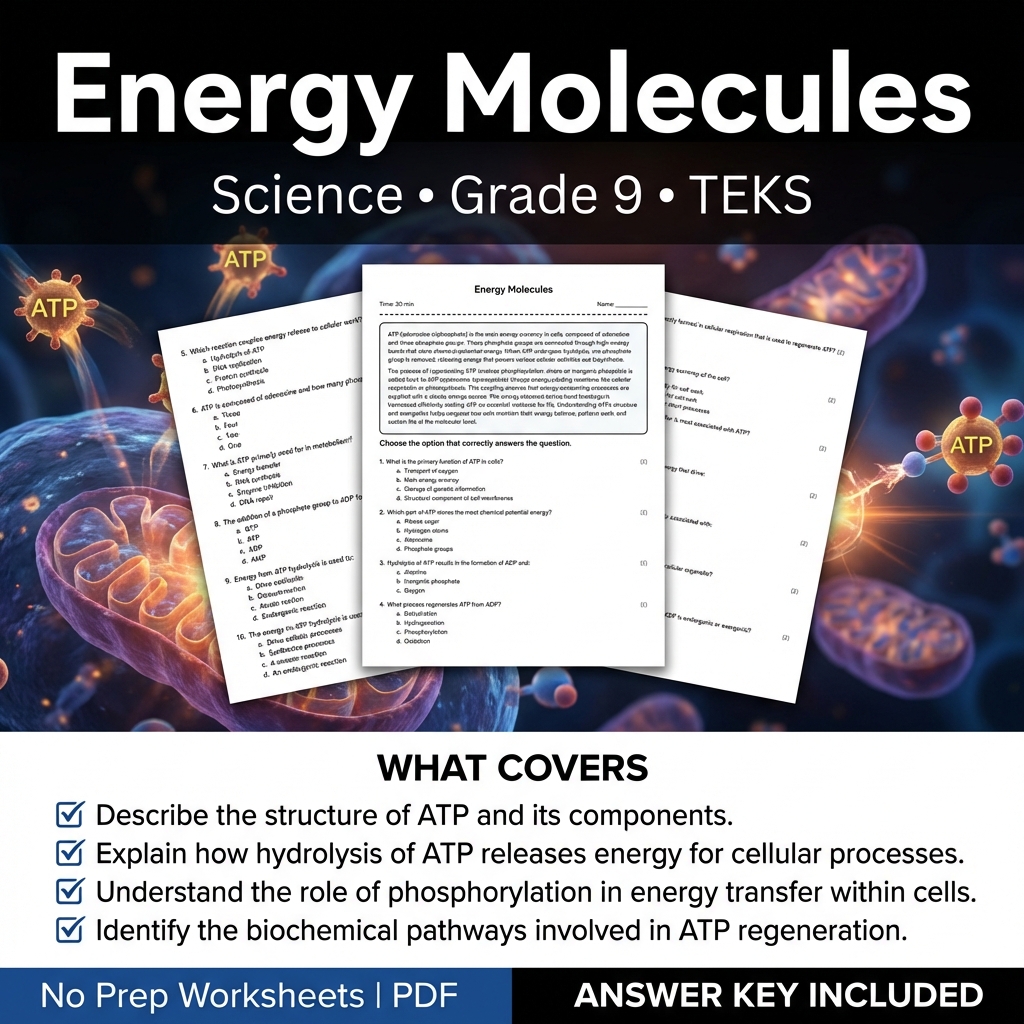 Grade 9 Science Worksheet on Energy Molecules | TEKS Aligned