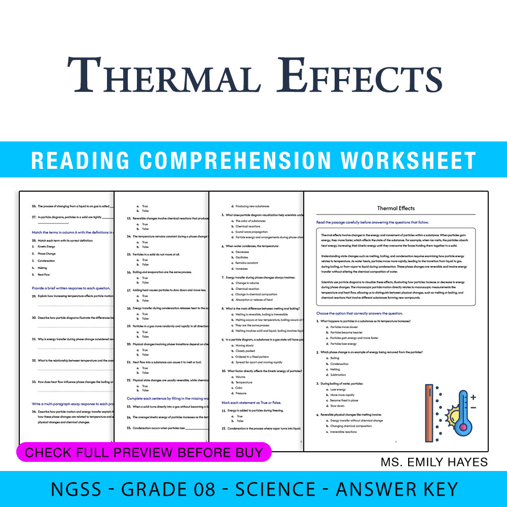 Grade 8 Science worksheet worksheet — 8th Grade Science | Thermal Effects Worksheet (PDF+ Answer Key) — page 1