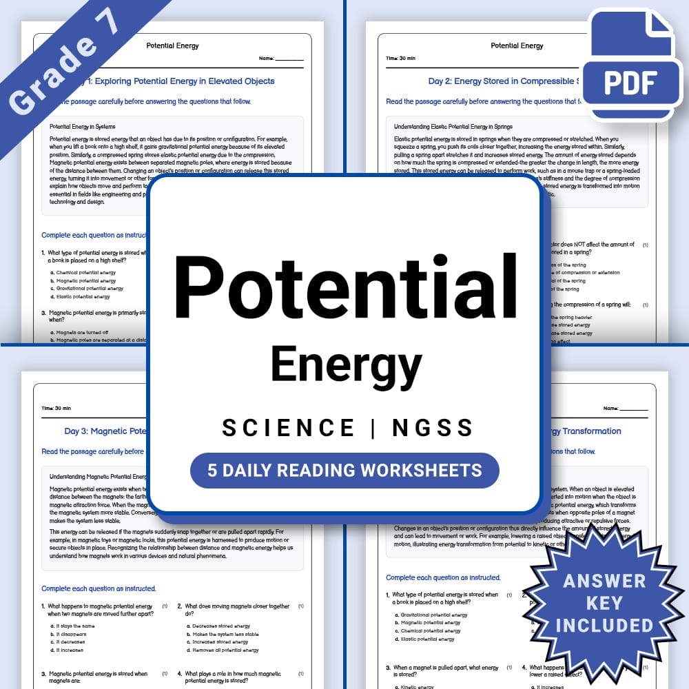 Grade 7 Science daily reading worksheet worksheet — Grade 7 Science – Potential Energy Worksheet(PDF + Answer Key) — page 1