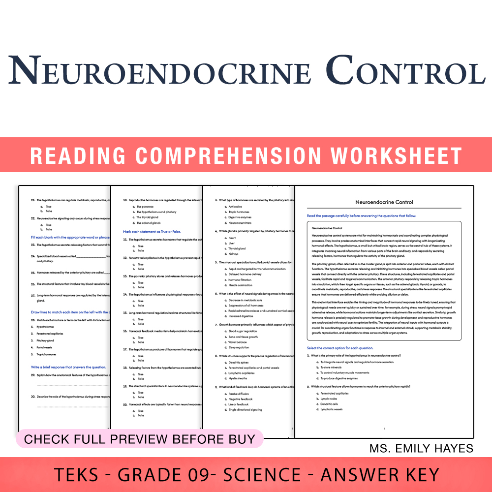 Grade 9 Science worksheet worksheet — 9th Grade Science | Neuroendocrine Control Worksheet (PDF+ Answer Key) — page 1
