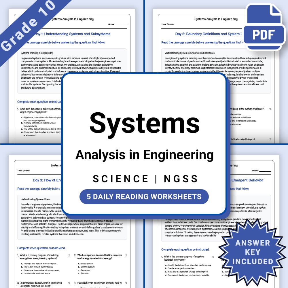 Grade 10 Science daily reading worksheet worksheet — Grade 10 Science – Systems Analysis in Engineering Worksheet (PDF +An…