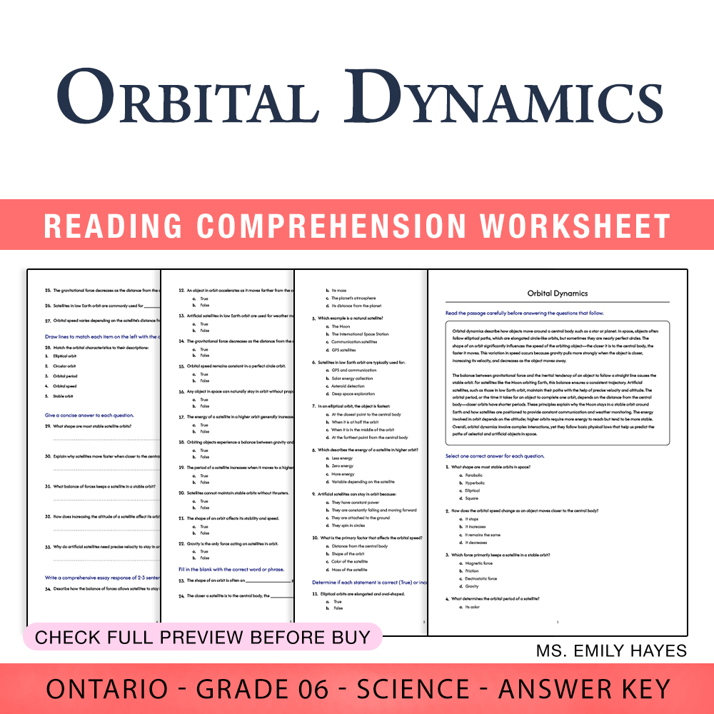 Grade 6 Science worksheet worksheet — 6th Grade Science | Orbital Dynamics Worksheet (PDF + Answer Key) — page 1