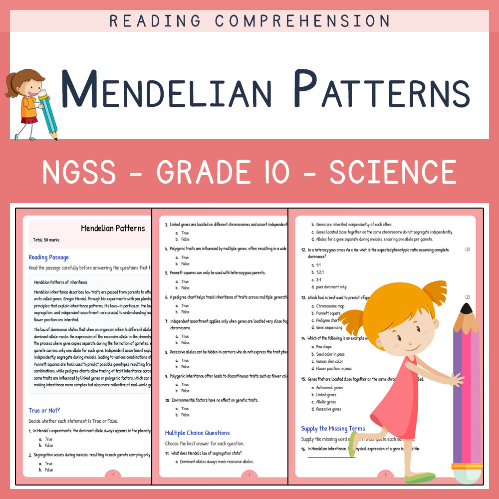 Grade 10 Science worksheet worksheet — Grade 10 Science | Mendelian Patterns Worksheet & Answer Key (NGSS Aligned) — page 1