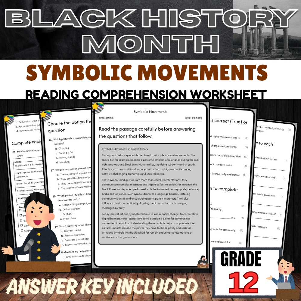 Grade 12 Black History Month Symbolic Movements Worksheet | PDF + Answer Key