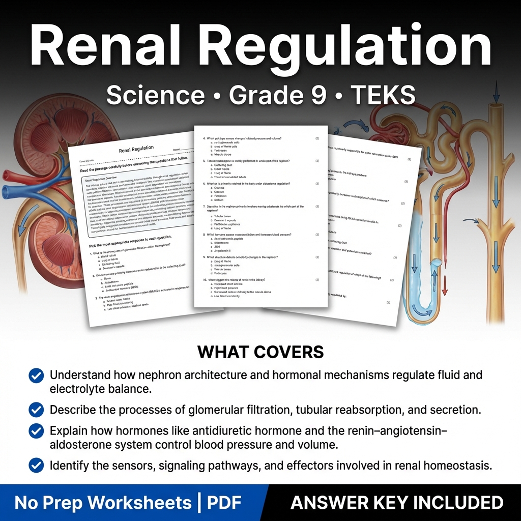 Renal Regulation Worksheet for Grade 9 Science | TEKS Aligned