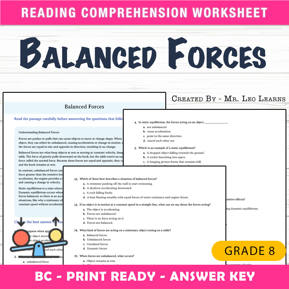 Grade 8 Science worksheet mcq paper worksheet — Grade 8 Science — Worksheet MCQ Paper for Mastering Balanced Forces — page 1